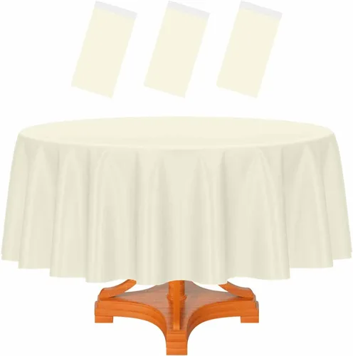 Miniatura 40 de HEIPINIUYE - Paquete de 2 manteles redondos de 84 pulgadas de plástico beige, manteles de mesa impermeables desechables para redondas, ideales
