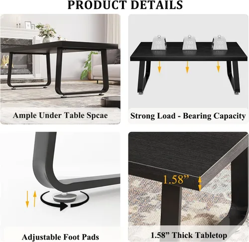 Miniatura 3 de HSH - Mesa de café negra, mesa central de madera industrial y patas de metal, mesa de cóctel moderna minimalista rectangular para sala de estar