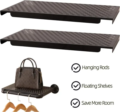 Miniatura 6 de Perchero de tubería industrial con 2 estantes flotantes, perchero de pared con 3 barras colgantes, barra de ropa de hierro resistente, rieles