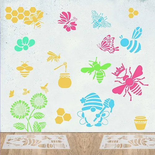 Miniatura 5 de Plantillas temáticas de abejas, 6 unidades, plantillas reutilizables de pintura de panal y girasol para arte de pared, pintura de muebles