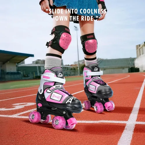 Miniatura 5 de Patines cuádruples ajustables para niños, adolescentes y adultos, ruedas iluminadas, ajuste cómodo, cierre seguro, patines para interiores