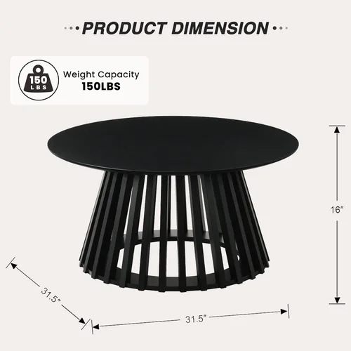 Miniatura 2 de HNY Mesa auxiliar redonda negra moderna para sala de estar, mesa central pequeña de madera de mediados de siglo de 31.5 pulgadas con base acanalada