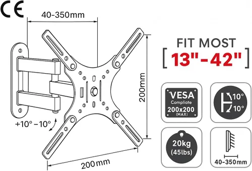 Miniatura 3 de Aeons Soporte de pared para TV de movimiento completo para la mayoría de televisores de 13 a 42 pulgadas con giratorio, inclinación, extensión