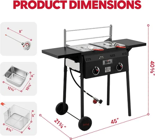 Miniatura 2 de Freidora profunda al aire libre de propano Feasto, tanque doble con quemadores independientes dobles de hierro fundido y termómetros, olla