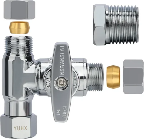 Miniatura 10 de YUHX Válvula Add-A-Tee de parada angular de latón, salida de compresión de 3/8 pulgadas conexión fácil desviador de 3 vías 3/8"x3/8"x1/4" o 3/8