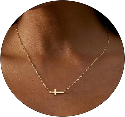 Miniatura 7 de CAROVO Delicado collar con colgante de cruz para mujer, chapado en oro de 14 quilates, bonito collar de cruz de fe lateral, collar de cruz