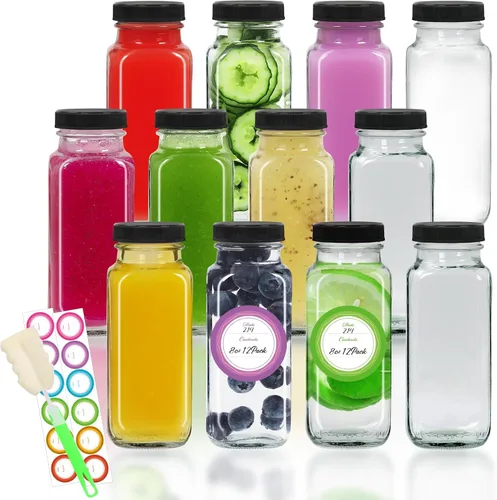 STARSIDE - Botellas de vidrio para jugo de 8 onzas con tapas, paquete de 12 - Frascos reutilizables cuadrados para exprimir, leche, kombucha -