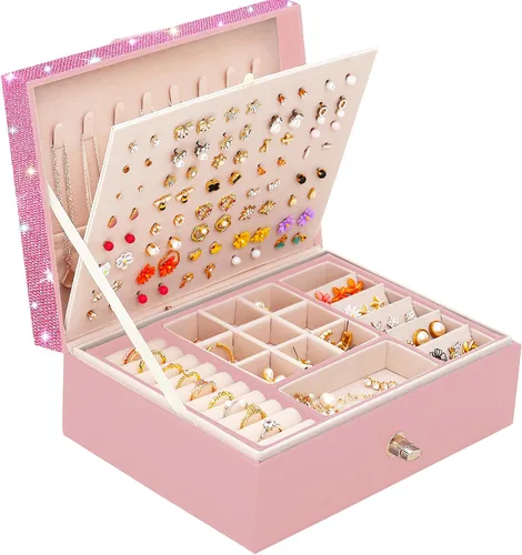 Miniatura 55 de Joyero de pendientes para mujeres y niñas, organizador de aretes de 5 capas, caja organizadora de joyas blanca con candado, collares y aretes