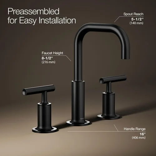 Miniatura 3 de KOHLER K-14406-4-BL Purist® Grifo de Lavabo de Baño Extendido, 3 Agujeros, Grifos de Baño con Manijas de Palanca Baja y Caño de Cuello de Cisne