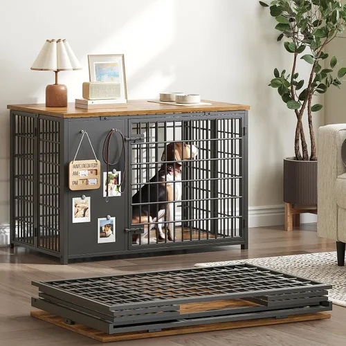 Miniatura 12 de YATINEY Mueble plegable para jaula de perro, jaula para perros de 47.2" con marco DIY, perrera de interior resistente con ganchos, mesa auxiliar