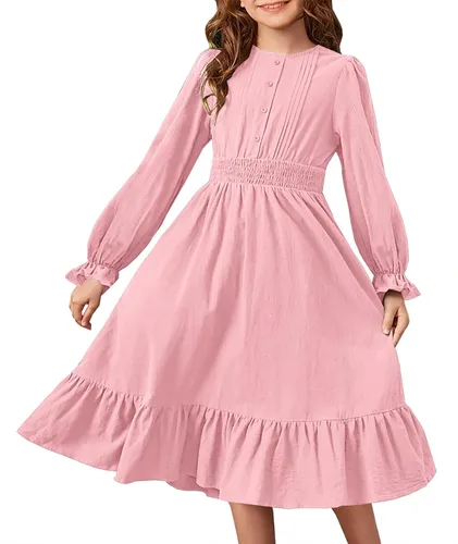 HOSIKA Vestido casual de otoño de manga larga con cuello redondo y volantes escalonados y bolsillos para niñas de 6 a 12 años