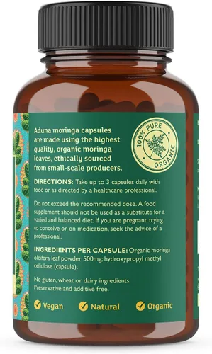 Miniatura 6 de Aduna Cápsulas de moringa orgánica de 1500 mg Hoja de moringa 100% pura para energía, inmunidad y concentración Suplemento alimenticio natural a