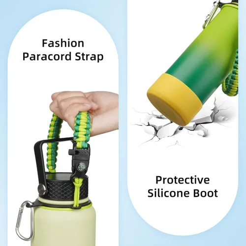 Miniatura 4 de BJPKPK - Botella de agua con tapa de popote, botellas de agua aisladas de 18 onzas con 3 tapas, asa de cuerda de paracaídas y base antideslizante