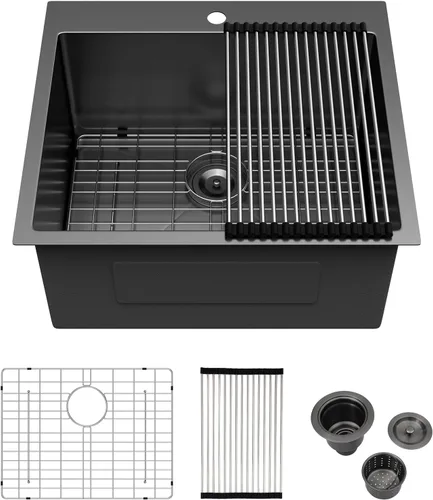 Miniatura 31 de Fregadero de cocina de 25 pulgadas, fregadero de un solo cuenco, color negro mate, calibre 18, 25 x 22 pulgadas, acero inoxidable, montaje superior