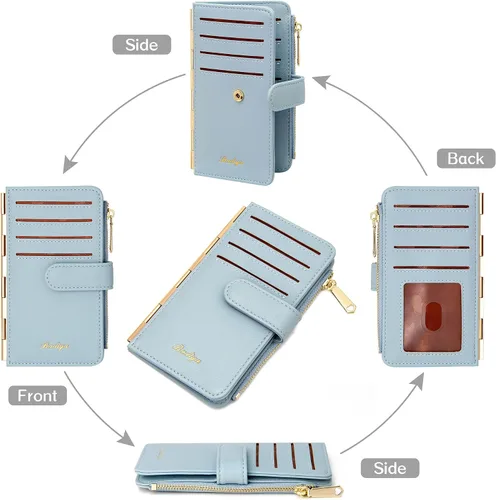 Miniatura 7 de Badiya Tarjetero de crédito para mujer, con bloqueo RFID, delgada, plegable, con bolsillo con cremallera y 3 ventanas para identificación