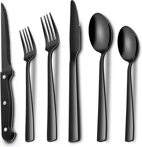 Miniatura 12 de EWFEN Juego de cubiertos negros de 24 piezas con cuchillos para carne, juego de cubiertos negros para 4, juego de cubiertos de acero inoxidable