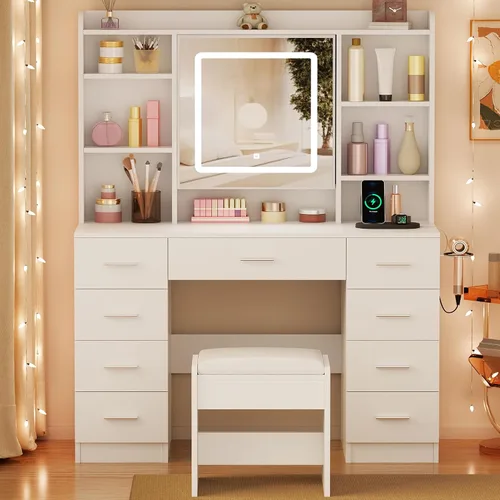 Miniatura 7 de BEWISHOME - Escritorio de maquillaje con espejo y luces, mesa de tocador con toma de corriente, mesa de tocador con taburete con 9 cajones y 6