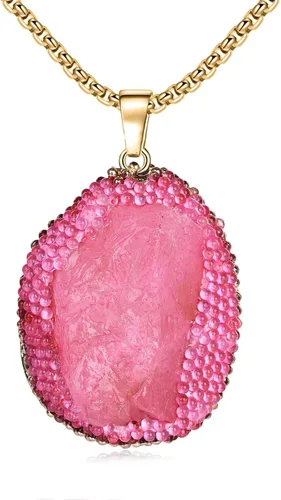 Collar con colgante rosa de imitación de piedra Drusy rosa, piedra preciosa rosa para niña, regalos de boda para aniversario, día de la madre, día