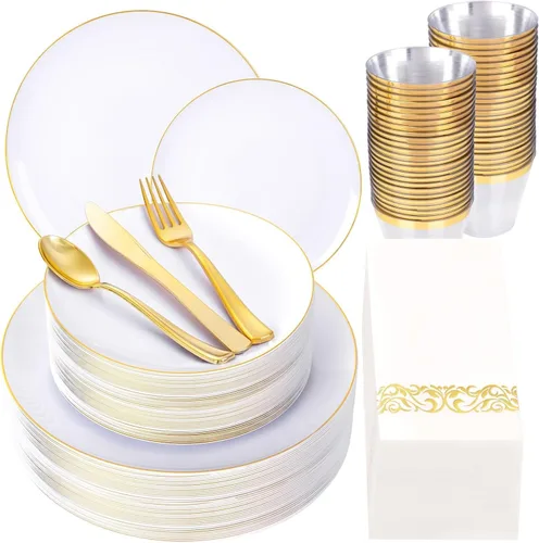 Miniatura 15 de YOUBET 125 piezas de platos de plástico negros y dorados - Platos desechables negros con borde dorado - Incluye 25 platos de cena, 25 platos