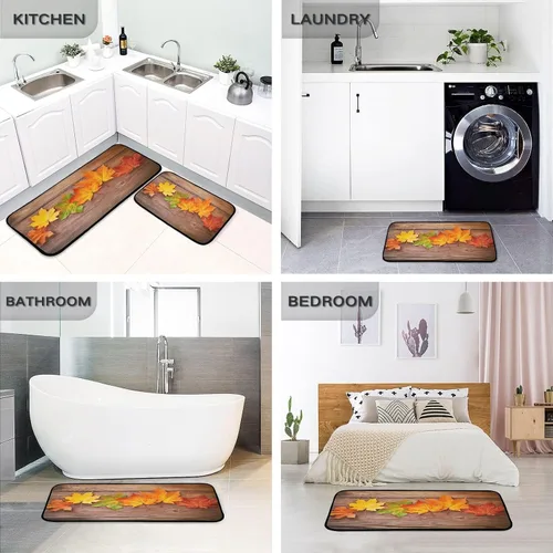 Miniatura 5 de Kitchen Rugs 2 Piece Waterproof Non Slip Kitchen Mat Maple Leaves on Wood Kitchen Rug Set for Sink Office Kitchen Cafe, 19.7"x47.2"+19.7"x27.6