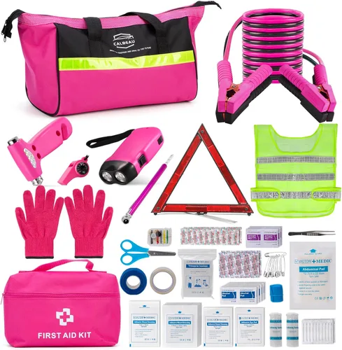 CALBEAU Kit de emergencia de coche para vehículos, kit de asistencia de emergencia rosa con kit de primeros auxilios para automóvil, kit de