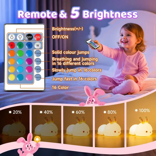 Miniatura 4 de One Fire Juguetes de Conejo para Niños, Luz Nocturna para Niños con Control Remoto, 16 Colores + 5 Niveles de Brillo, Lámpara Linda, Luz Nocturna