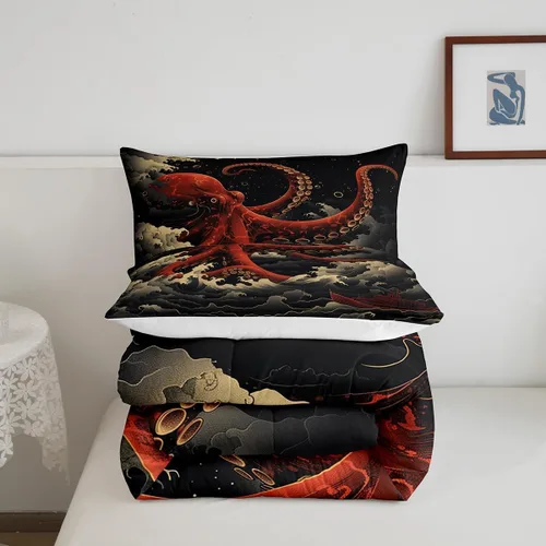 Miniatura 5 de Octopus - Juego de edredón para niños, tamaño matrimonial, nubes oscuras, olas del océano, juego de ropa de cama retro trippy decoración de Rojo