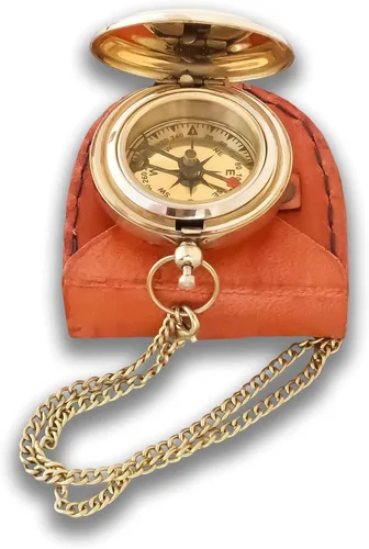 Miniatura 2 de Brújula náutica de bolsillo de latón con cadena y caja de cuero, brújula vintage para acampar y senderismo, regalo de graduación marina