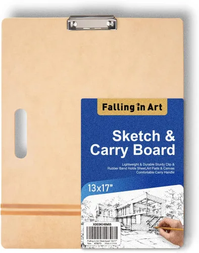 Falling in Art 13x17 Tablero de bocetos, tabla de dibujo portátil para artistas con clip resistente y bandas de goma, portafolio de arte para dibujo