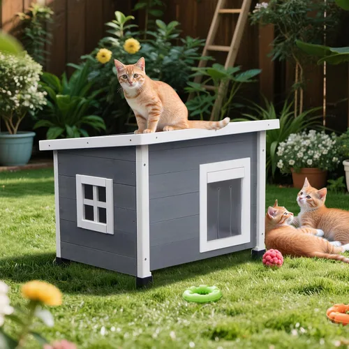 Miniatura 3 de Agitree Casa de madera para mascotas al aire libre, refugio de invierno resistente a la intemperie para perros y gatos, diseño elevado con ventana
