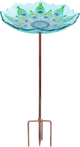 MUMTOP - Bañera de cristal para pájaros, para jardín y exteriores, bañera o comedero de aves, con estaca de metal, estilo pavo real