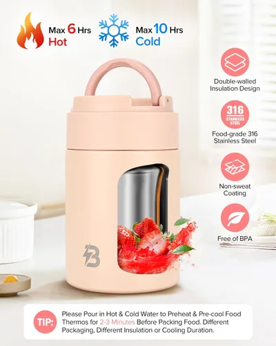 Miniatura 2 de Termo para alimentos calientes, recipiente de alimentos aislado de boca ancha de 17 onzas con cuchara y asa, lonchera caliente de acero inoxidable