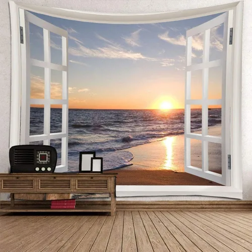 Miniatura 2 de Homiest Tapiz 3D oceánico para colgar en la pared, sol, puesta de sol, playa, paisaje, tapiz de ventana, para dormitorio, sala de estar, decoración