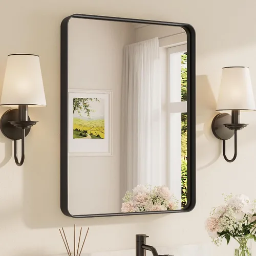 Miniatura 91 de TETOTE Espejo de marco dorado cepillado de 16 x 24 pulgadas, espejo de tocador de baño de latón dorado para pared, espejo enmarcado rectangular