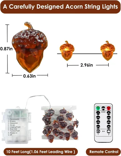 Miniatura 6 de 30LED Acorn Fairy Lights Battery Operated Fall String Lights Indoor Decor Remote Control, 8 Lighting Modes, IP44 Waterproof, Timer & Dimmable