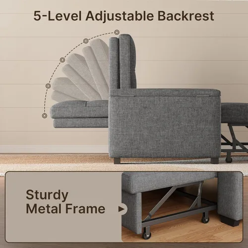 Miniatura 7 de Gizoon Sofá cama biplaza, sofá cama convertible 3 en 1 para sala de estar de apartamentos pequeños, reposabrazos de almacenamiento y respaldo Gris