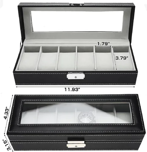 Miniatura 2 de NovelBee Cajas de reloj con 6 ranuras, vitrina rectangular para relojes con tapa de vidrio y almohadas extraíbles para hombres y mujeres