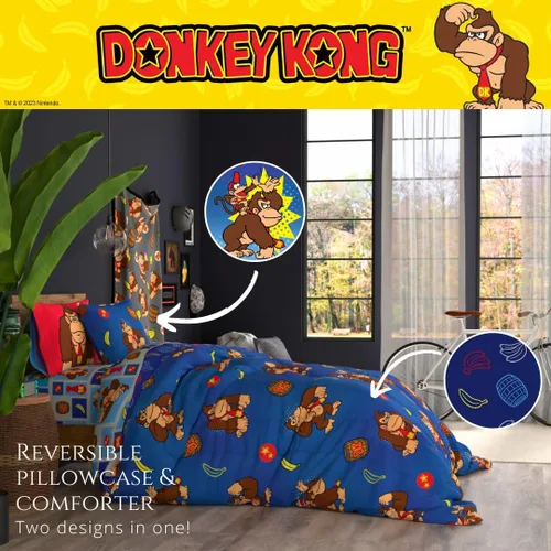Miniatura 5 de Franco - Juego de ropa de cama coleccionable Nintendo Donkey Kong, 5 piezas, edredón reversible supersuave y juego de sábanas con funda, tamaño Rojo