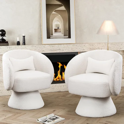 Miniatura 13 de Juego de 2 sillas giratorias de barril, sillas decorativas giratorias tapizadas para sala de estar, cómodo sillón redondo pequeño y moderno de 360