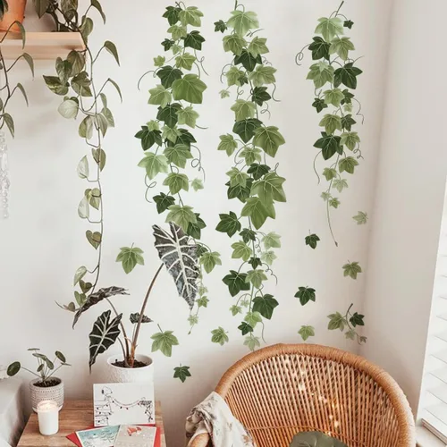 Miniatura 2 de Runtoo Calcomanías de pared colgantes de vid, hojas de hiedra verde, calcomanías de pared para dormitorio, sala de estar, decoración artística
