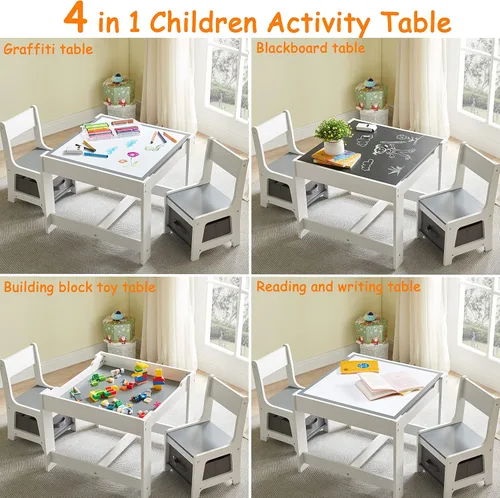 Miniatura 3 de GTOLV Juego de mesa y silla para niños, mesa de actividades de madera 3 en 1 con cajón de almacenamiento para niños pequeños, dibujo, lectura, Gris