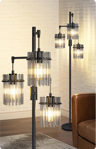 Lámparas de Pie Industriales Modernas para Sala de Estar, Lámparas Altas de Pie de Árbol de Cristal Regulables con 3 Elegantes Cabezales de Jaula en