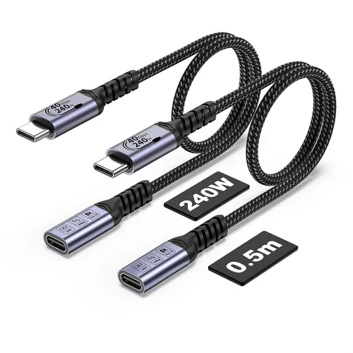 Cable de extensión USB C de 1.5 pies (2 paquetes/240 W/40 Gbps/8K), cable extensor corto USB 4.0, transferencia de datos de alta velocidad de 40