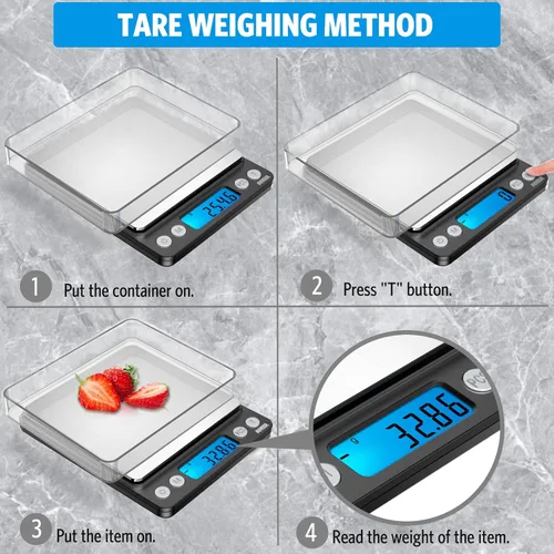 Miniatura 2 de AMIR - Báscula digital de cocina, 17.64 oz, báscula de bolsillo para joyas, báscula de cocina con pantalla LCD retroiluminada, 2 bandejas, 6 Negro