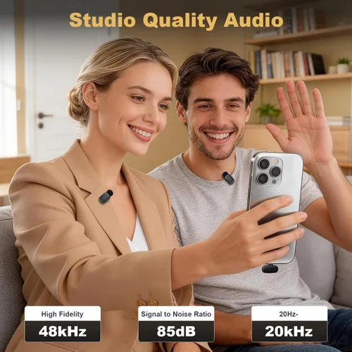 Miniatura 7 de Mini micrófono inalámbrico Lavalier para iPhone, iPad, Android, batería de larga duración de 30 horas, rango inalámbrico de 100 pies, cancelación