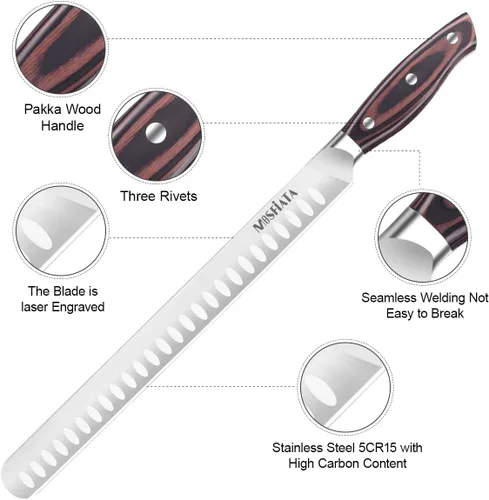 Miniatura 4 de MOSFiATA Cuchillo de corte de 12 pulgadas – Cuchillo de corte de carne – Acero alemán de alto carbono forjado – Diseño de mango ergonómico – Con