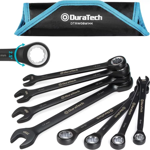 DURATECH Juego de llaves de trinquete combinadas, 144-P, garras dobles apiladas, 8 piezas, métricas, 8, 10, 11, 12, 13, 14, 15, 17mm, acero CR-V,