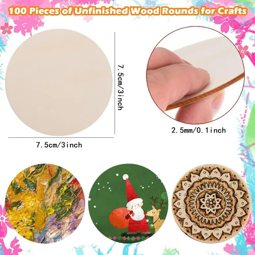 Miniatura 2 de 100 círculos de madera de 3 pulgadas para manualidades, círculos de madera sin terminar, recortes de disco de madera redondos naturales en blanco