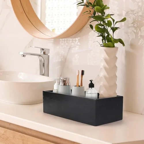 Miniatura 6 de LotFancy Caja de decoración de baño, paquete de 2 soportes de papel higiénico de madera, cesta de almacenamiento de tanque de inodoro negro, parte