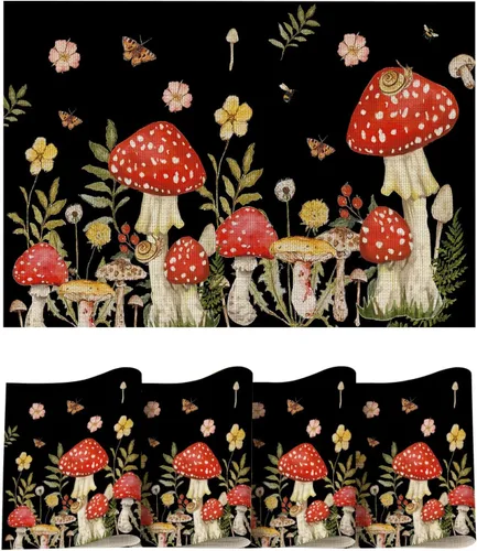 Miniatura 8 de Artoid Mode Juego de 4 manteles individuales beige con diseño de hongos y polilla y flores, 12 x 18 pulgadas, tejido de plástico, lavable